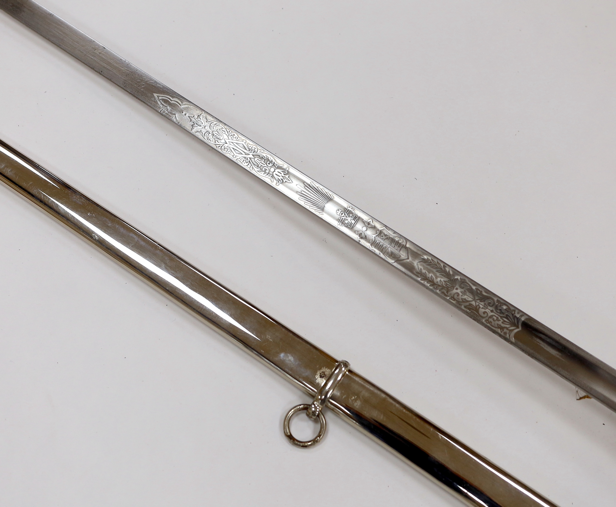 A George V officer's sword, maker Hawksworth Sheffield, in chromed scabbard, blade 82cm